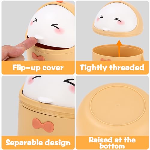 Huifoo Mini TischmüLleimer mit Deckel, Süße Cartoon Tisch Mülleimer, Cute Papierkorb Klein, Kawaii Deko, Aufbewahrungsbox, für BüRos, Kinderzimmer, Schminktisch, Wohnzimmer - Gelb