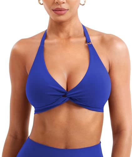 Image of YEOREO Halter Sports Bras for Women Low Impact Removable Padded Adjustable Deep V Bra Seamless Workout Gym Crop Tops