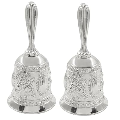 Opfiue 2 Pack Silver Hand Bell – Vintage Loud Call Bell for Wedding, Teacher Classroom, Senior Bedside, Tibetan Meditation, Christmas Bells