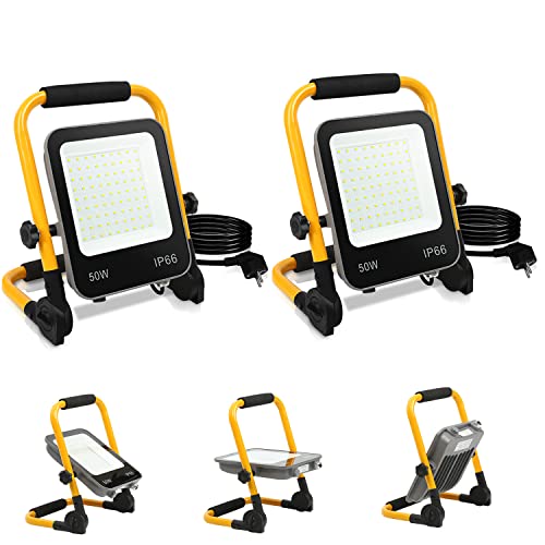 Tubiaz Faretto LED da cantiere, 2 Pack 50W Super luminoso Faro LED con Staffa pieghevole, 5100LM 6000K Bianca Freddo Impermeabile IP66 Ideale per officina,Cantiere (3M Cavo con Spina)