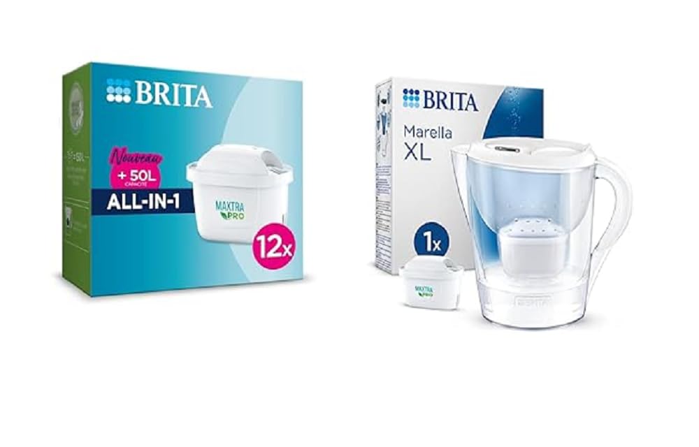 BRITA Pack de 12 cartouches filtrantes MAXTRA PRO All-in-1 & Carafe filtrante Marella XL blanche 3,5L + 1 cartouche filtrante MAXTRA PRO All-in-1
