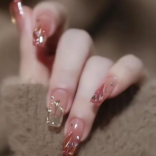 Hkanlre Red Press on Nails Rhinestones Coffin Medium Fake