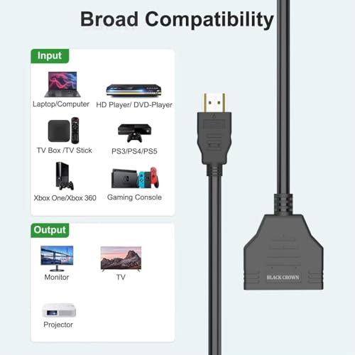 Image of BLACK CROWN HDMI Cable Splitter, HDMI 1x2 Splitter Cable, HDTV 1 in 2 Out HDMI Converter Adapter, HD-MI Male HD-MI to Dual Female 1 to 2 Way for PC,Gaming Consoles, HD, LED, LCD, TV. Black (PACK OF 5)