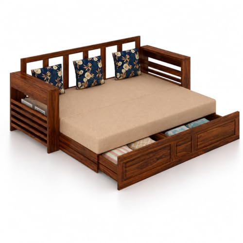 Image of Ganpati Arts Solid Sheesham Wood 3 Seater Lurid Sofa Cum Bed with Side Pocket for Living Room Bed Room | Wooden Bedroom Furniture for Home (Natural Finish)