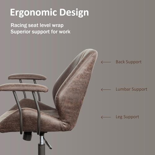 Image of Mid Back Home Office Chair, Mid Century Modern Leather Computer Desk Chair, Comfy Executive Rolling Swivel Task Chair with Wheels Armrest Height Adjustable,Dark Brown