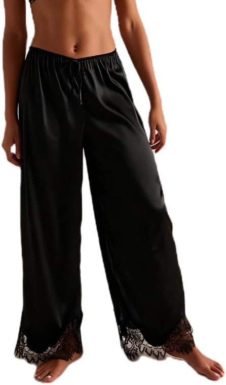 Women's Silky Satin Pajama Pants Lace Trim Wide Leg Loungewear Bottoms Elastic Waist Drawstring Casual Sleep Trousers