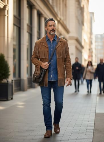 Image of Men's Suede Fringe Jacket Western Cowboy Style Genuine Leather Coat with Button Closure, Black Brown Cognac