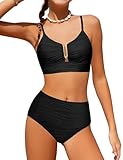 BAVADER Teen Swimsuits for Girls 12-14 Teen Bathing Suits for Girls 12-14 V Neck Cutout Adjustable Straps 2 Piece Bikini Swimsuit High Waisted Ruched Solid Padded Swimwear Black