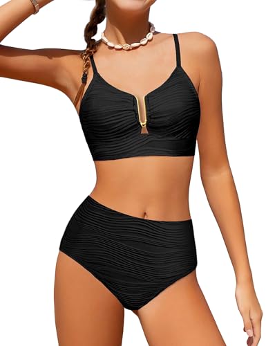 Girls Swimsuit High Waisted Girls Bathing Suit V Neck Cutout Two Piece Swimwear Ruched Solid Padded Bikini Sets 9-16Y