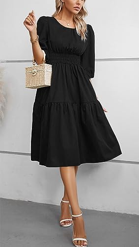 Image of Kormei Women Summer Casual Boho Floral Round Neck 3 /4 Sleeve Smocked Waist Tiered Flowy Swing Midi Dress S Black