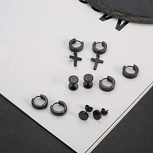 Soowoot 9 Pairs Stainless Steel Stud Huggie Hoop Earrings For Women Mens Black Cross Triangle Dangle Earrings Punk Style Goth Earrings Set #TOP5