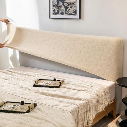 Image of HOMETHREADS Stretchable Lycra /Velvet Headboard Cover | Soft, Dust-Proof & Wrinkle-Resistant Bed Back Protector | Fits Leather, Wooden & Fabric Bedsides | for 6ft to 6.5ft Beds (Cream, 178x65Cm)