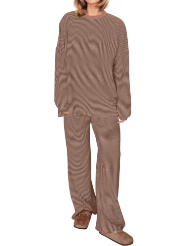 Image of MISSACTIVER Women's 2 Piece Striped Lounge Set Long Sleeve Oversized T-Shirt Wide Leg Pants Matching Pajamas Set