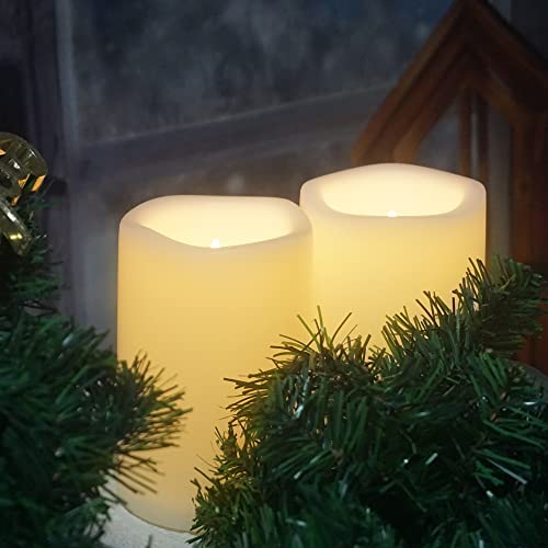 Image of CANDLE CHOICE Waterproof Outdoor Battery Operated Flameless Candles with Timer Large Plastic Resin Bright Flickering Electric LED Pillars Lantern Garden Wedding Christmas Decorations 4 inch(D)x6 inch(H) 2 PCS