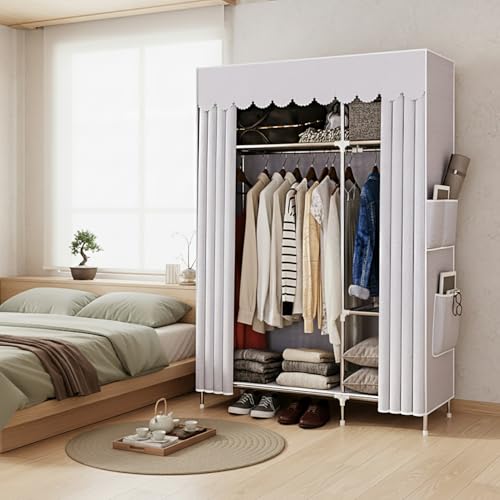Aissiora ワードローブ 大容量クローゼット 収納 簡易ポータブル 組立ワードローブクローゼット ポータブル ワードローブ カーテン付き収納クローゼット 不織布 簡単組立式 ハンガーラック 収納棚 衣類・寝具整理用 防水 防塵 防汚（120×42×170cm グレー)