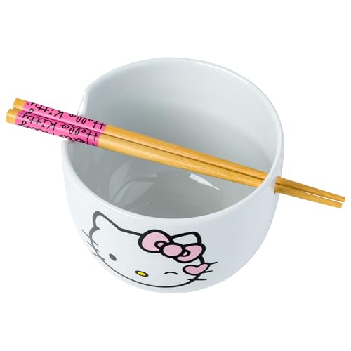 Silver Buffalo Sanrio Hello Kitty Ceramic Ramen Bowl with Chopsticks, 20 Ounces