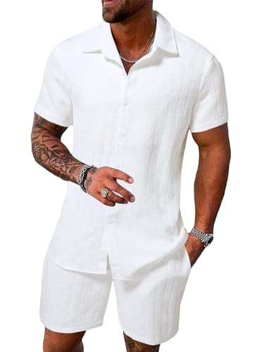 Floerns Men's Casual Button Down Short Sleeve Shirts Shorts Set 2 Piece Outfit