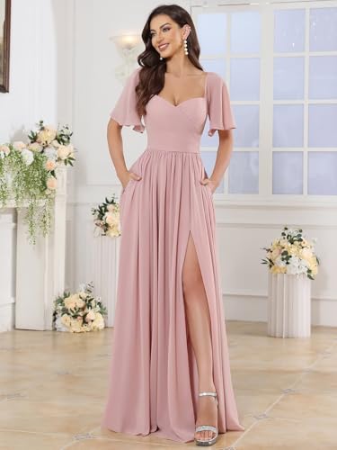 Chiffon Bridesmaid Dresses for Women Short Sleeves Sweetheart Formal Gowns with Slit3