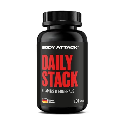 Body Attack Daily Stack – Multivitamin & Mineralstoff Komplex mit wichtigen Mineralien & Vitamin, B-Komplex, Magnesium, Zink & Eisen – Unterstützung für Immunsystem, Energie & Alltag - 180 Tabletten