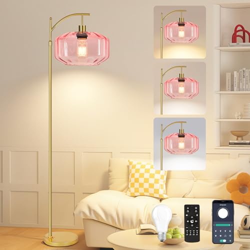 Image of Gold Floor Lamps for Living Room Bedroom,Glass Floor Lamp with Remote Control & Pink Lampshade,Arc Dimmable Floor Lamp Mid Century Modern Standing Lamp Vintage Tall Floor Lamps for Bedroom Corner