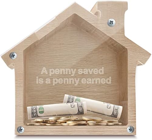 House Piggy Bank for Adults and Kids - Wooden Savings Box for Travel, College Fund & Loose Change Organisation - Reusable Coin Bank for Home Decor