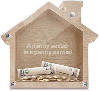 House Piggy Bank for Adults and Kids - Wooden Savings Box for Travel, College Fund & Loose Change Organisation - Reusable Coin Bank for Home Decor