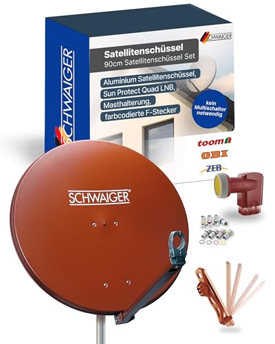 SCHWAIGER Satellitenschüssel Komplettset - Ø 88 cm Aluminium Offset Antenne in Rot - Inkl. Quad LNB 4-Fach - Digital HD & 4K Empfang - Integrierte Kabelführung & wetterfest