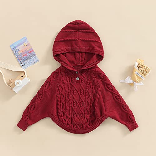 Fhutpw Toddler Infant Baby Girls Sweaters Cable Knit Poncho Turtleneck Cloak Cape Hooded Knitted Pullover Winter Clothes (Hooded Maroon, 9-12 Months) #TOP1