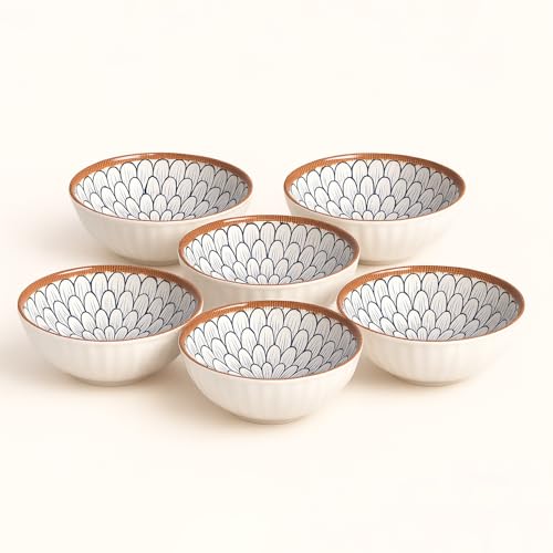Image of YELONA Ceramic Bowls Set of 6 | 300ml Japanese Style Rice /Dessert Bowls | Petal Design | Microwave & Dishwasher Safe | Lead-Free Porcelain | 11.5cm Diameter