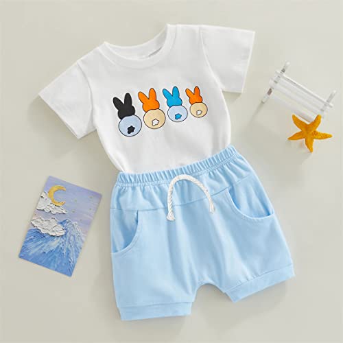 Fybitbo Baby Boy Easter Outfit Bunny Print Short Sleeve T Shirt And Bule Shorts My First Easter Boys Clothes Set (Cute Bunny Print-Blue, 0-3 Months) #TOP1