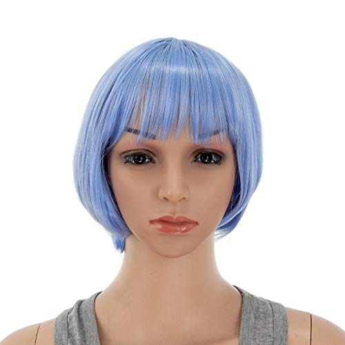SWACC 10 Inch Short Straight Bob Wig with Bangs Synthetic Colorful Cosplay Daily Party Flapper Wig for Women and Kids with Wig Cap (Dull Blue)
