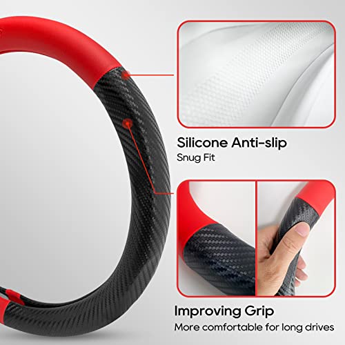 Carbon Fiber Steering Wheel Cover For Tesla Model 3/Y, Red Napa Leather, Easy To Grip, Tight Fit, Black Steering Wheel Covers For Model 3/Y Accessories (Red Napa-Carbon Fiber) #TOP3