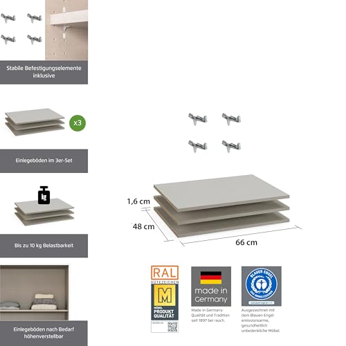 Rauch Möbel ZUBEHÖR, Einlegeböden, 3er-Set, für Schwebetürenschränke von Rauch mit Einer Elementbreite von 67,5 cm und Einer Schranktiefe von 62 cm, Farbe Texline Leinenoptik, Maße 66x1,6x48cm