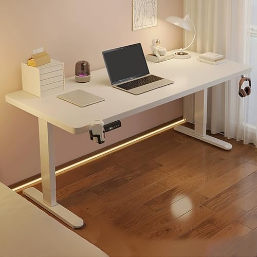 Biurko do pracy na stojąco z regulowaną wysokością, z uchwytem na kubek i haczykiem na słuchawki, solidna stalowa rama, ergonomiczne biurko komputerowe do gier, 100 x 60 cm, białe