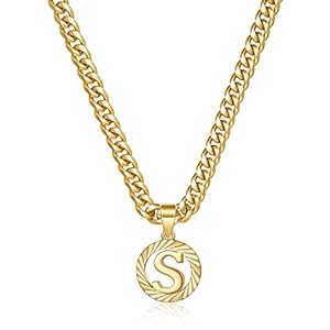KissYan Gold Initial Necklace,14K Gold Plated Round Letter Pendant Hollow Capital Monogram 5mm Cuban Chain Necklace Alhpabets from A-Z Dainty Jewelry for Women Men