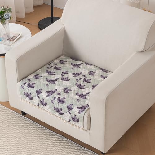 Image of HOKIPO Lavender Vine Quilted Sofa Cover Mat with Tassels for 1 Seater 'Tassel Twigs' Series (IN-982-T1)