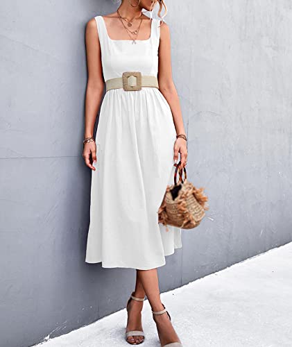 Image of xxxiticat Women's Square Collar Casual Dress Sleeveless Pleated A-Line Summer Beach Boho Elegant Backless Midi Dress