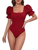 SKAYS Women's Tummy Control Sleeve Square Neck Bodysuits for Women Elegant Puff Body Suits Red M