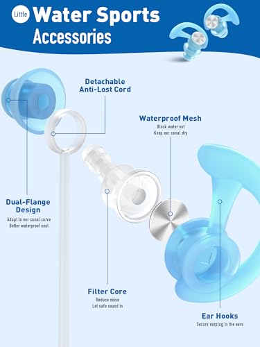 Ear Plugs for Swimming with String, Blocks Water Out Lets Sound in, Custom-fit Swimmer Earplugs - Waterproof Ear Protection for Surfing, Swim, Kiteboarding, Showering, Other Water Activities