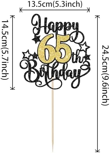 ZHUOWEISM 1 PCS Happy 65th Birthday Cake Topper Black Gold Glitter Cheers to 65 Years Birthday Cake Pick Hello 65 Fabulous Cake Decoration for Happy 65th Birthday Anniversary Party Supplies