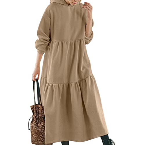 Hiborth Moletom Feminino Outono Inverno Vestido com Babados Cor Sólida Manga Longa Solta Bainha Gran