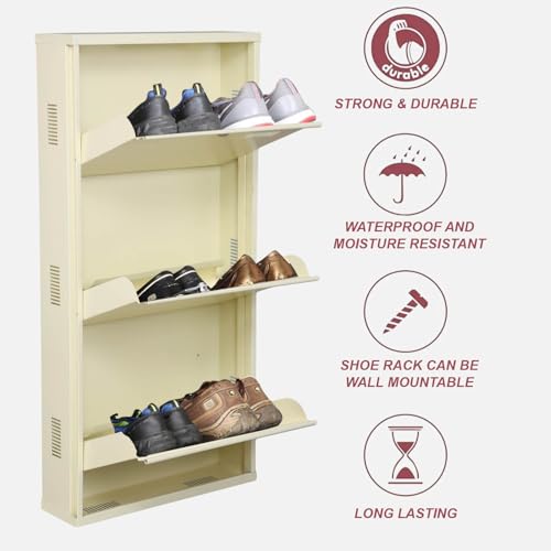 Image of Metal Shoe Rack Wall Mounted for Home with Central Locking |3 Door 20 inch Wall Mounted Metal 6 Pair Shoe Rack Cabinet | Pre-Assembled Rack Shelves | 3 Year Warranty (Ivory)