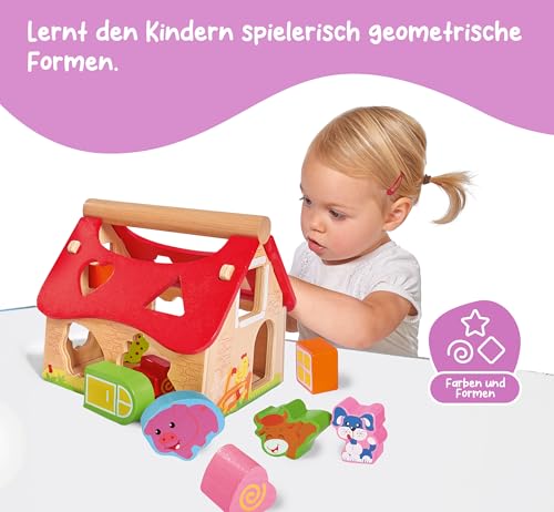 Eichhorn 100002098 Holz Steckhaus, 15-teiliges Haus aus Kiefernholz, mit 12 Steck-Bausteinen, Motorikspielzeug für Kinder ab 1 Jahr, Größe: 18 x 17,5 x 18 cm
