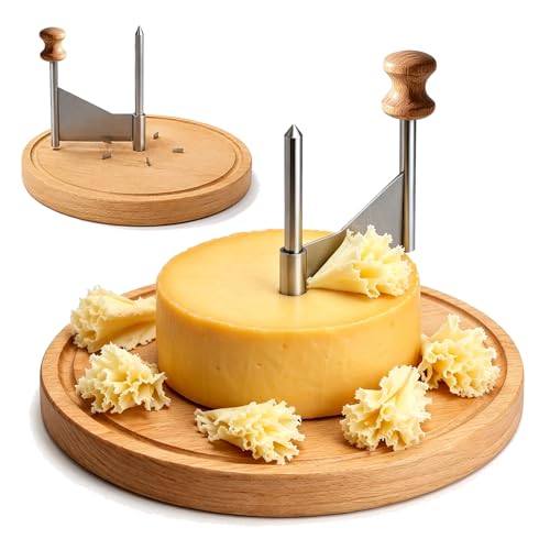 Käsehobel Rund aus Holz für Tête de Moine Käse Ø 22cm x 14.3cm Rotierender Käseschaber mit Edelstahlklinge Cheese Slicer für Käseblumen und Schokolade Käse Lockenwickler für Gourmet Desserts