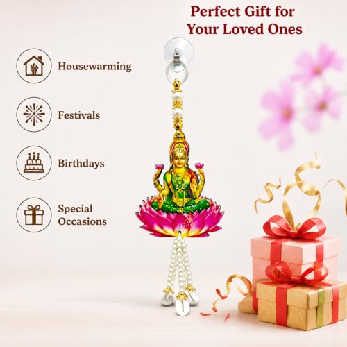 Image of Religious Door Hanging Decor with Pearl Beads & Tassel, Wooden Wall Hanging for Home Temple, Pooja Room, Entrance, Mandir Decoration & Spiritual Gift, Goddess Lakshmi with Lotus