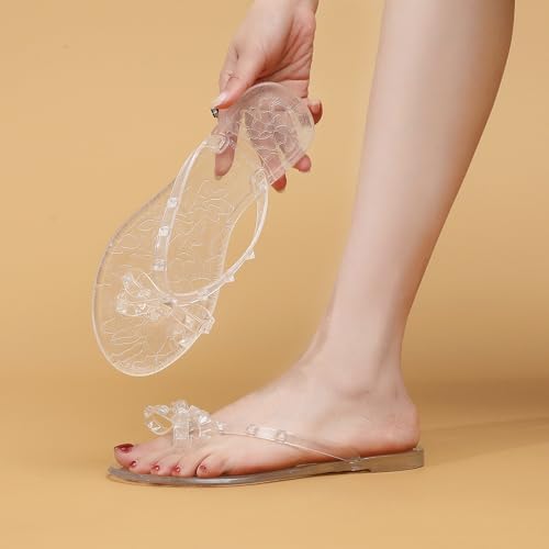 Image of Studded Jelly Shoes for Womens Bow Flip Flops Jellies Sandals Flat Black Summer Beach Thong with Rivets Strappy Slides Slip On