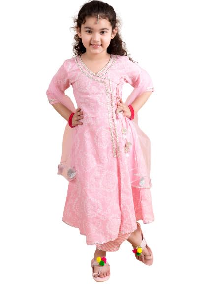 Pspeaches Girls Pink Printed Angrakha Pure Cotton Kurta Set (Pink-2-3Y)
