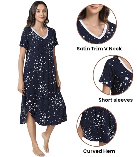 Image of NACHILA Nightgowns for Women-Viscose Made from Bamboo, V Neck Sleepshirts Short Sleeve Sleepwear Cool Nightshirt