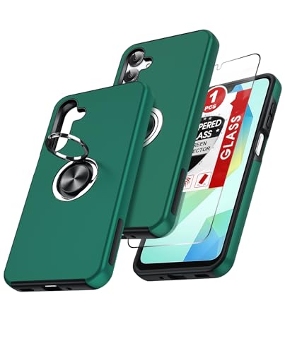 LeYi for Samsung Galaxy A16-5G Case with Glass Screen Protector, Shockproof Heavy Duty Protective Slim Fit Galaxy A16 Cell Phone Case Cover with 360° Rotatable Ring Holder Magnetic Stand, Green