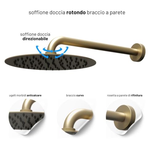 Ogomondo Kit Doccia Circolare Round-2 Soffione 250 Mm In Acciaio Inox, Doccino Con Presa Acqua, Finitura Oro (Oro Matt Satinato) - 3